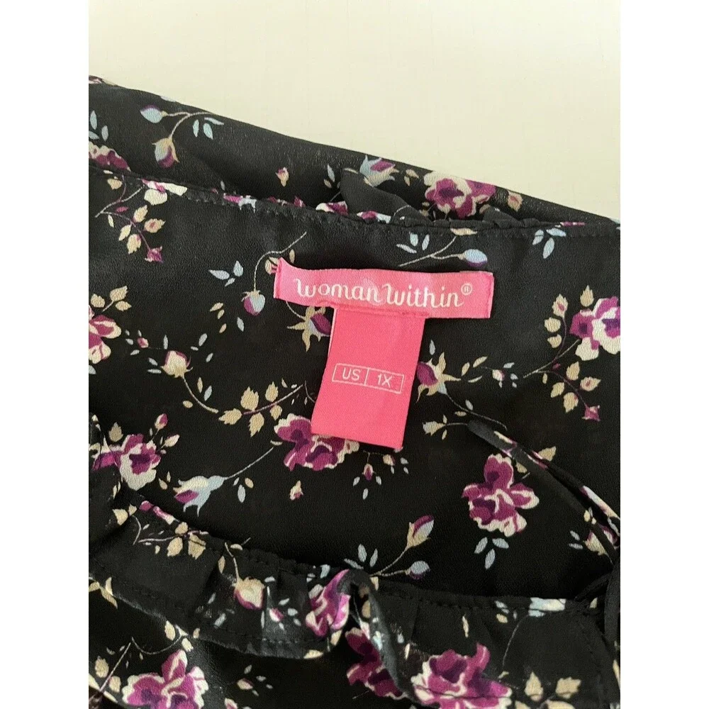 Woman Within Blouse 1X Floral Peasant Top Ruffle Neck Chiffon Boho Tunic sheer